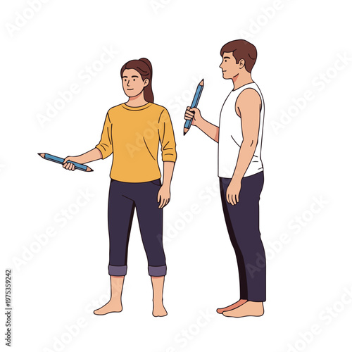 Two people holding pencils, depicted in an illustration style