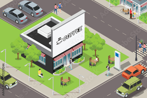 Modern isometric coffee shop building on a street corner with outdoor seating, lush green trees, and colorful cars driving on the road.