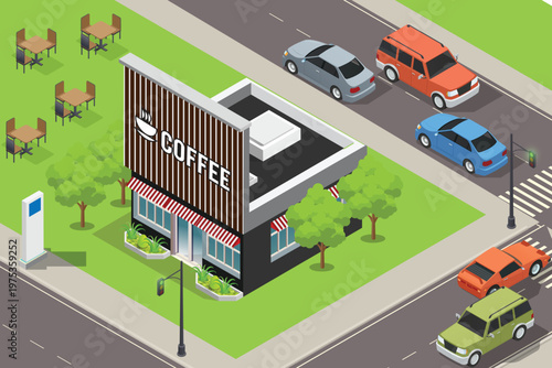 Modern isometric coffee shop building on a street corner with outdoor seating, lush green trees, and colorful cars driving on the road.
