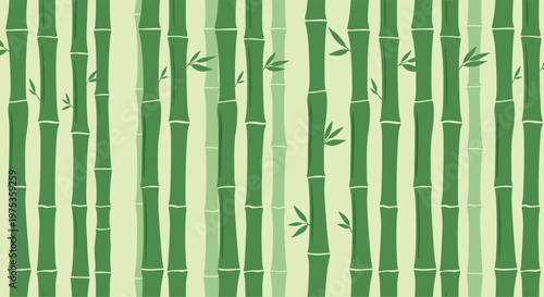 Calm and minimal pattern showing green bamboo stalks with small leaves in a repeat design for a zen and natural atmosphere.