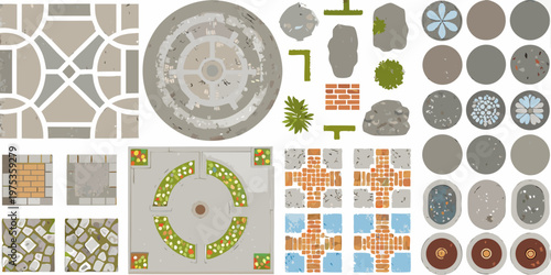 Collection of illustrated game assets depicting various top down environments