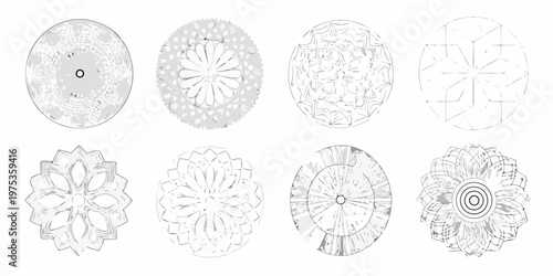 Collection of eight circular ornamental sketches with varying designs