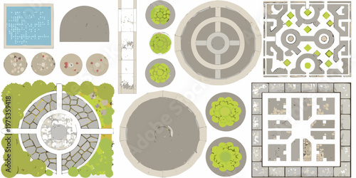 Aerial view of various decorative garden and pathway tile designs