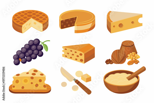 Assorted cheeses grapes nuts and accompaniments in a flat lay style