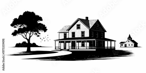A vintage black and white illustration of a classic american farmhouse scene