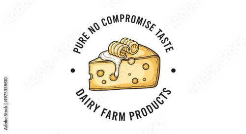 Vintage style logo design for dairy farm products featuring a wedge of holey cheese topped with a curl of fresh yellow butter.