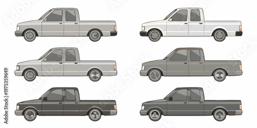 Illustration of six vintage pickup trucks in varying shades of gray