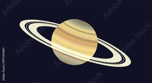 Stylized illustration of the planet Saturn with its iconic rings shown against a dark navy blue space background in a flat design.
