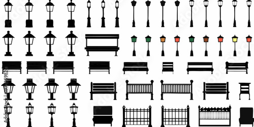 Collection of black silhouette street furniture and park elements