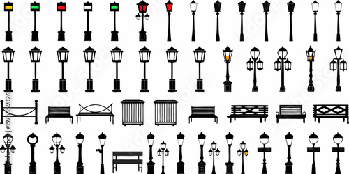 Collection of various street lamps benches and park furniture icons