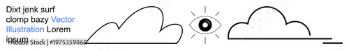 Vision, observation, imagination, insight, creativity, perception. A central eye flanked by two clouds, rendered in sleek black line art. Vision and observation concepts in a minimalist style