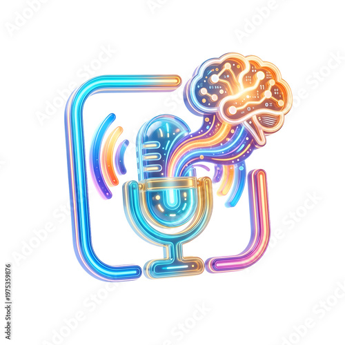 Neon Illustration of Brain and Microphone with Sound Waves.