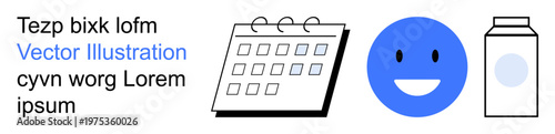 Scheduling, wellness, positivity, consumer goods, food management, daily planning. A calendar, blue happy face and milk carton. Scheduling and wellness concepts visualization
