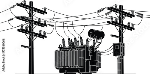 Electrical Transformer Substation with Utility Poles and Overhead Power Lines Silhouette Illustration for Energy Distribution and Electricity Infrastructure