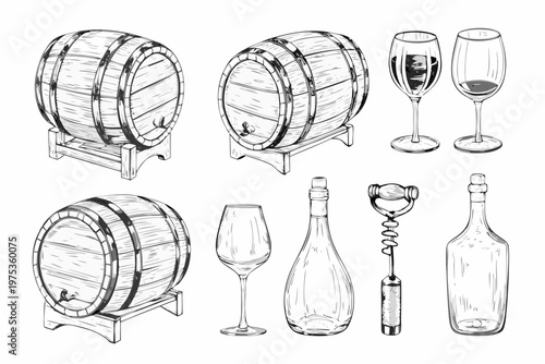 Vintage wine barrels glassware and accessories in a sketch style