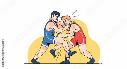 Two wrestlers in singlets grappling during a stylized competition