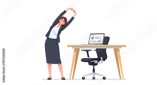 Businesswoman stretching at desk, office worker exercising at computer, corporate wellness, desk stretch, healthy work habits