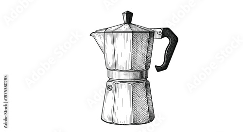 Hand drawn vintage style sketch of a classic italian moka pot coffee maker isolated on a plain white background.
