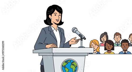 Businesswoman speaking at podium, diverse audience, global communication, public speaking