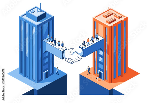 Business Partnership and Merger Collaboration Between Two Companies Symbolized by Interconnected Buildings and Handshake