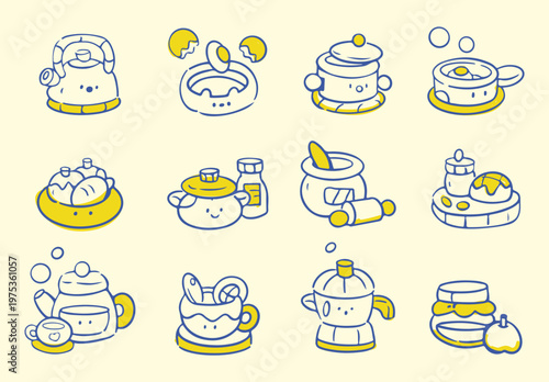 Collection of cute hand-drawn kitchen and cooking icons in minimalist line art style, perfect for food blogs, recipes, and UI design.
