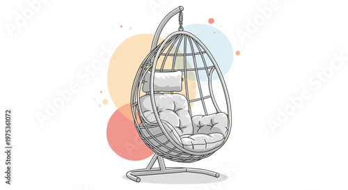 Modern hanging egg chair with comfortable cushions shown as a line drawing illustration on a decorative background.