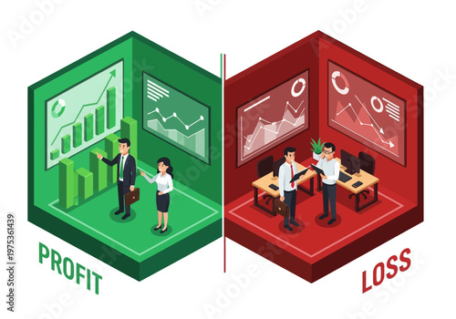 Business growth and decline illustrated with two contrasting isometric scenes depicting profit and loss