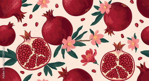 Seamless pattern featuring whole and cut pomegranates with seeds, leaves, and pink blossoms on a beige background.