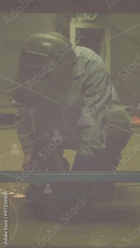 Vertical video: Welder kneeling grinding rail, sparking on hit, smoothing for fit with icons over