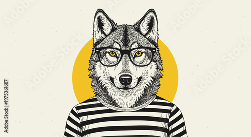 Artistic illustration of a cool wolf character wearing glasses and a striped shirt in front of a yellow circle.