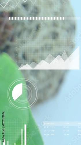 Vertical video: Leaf entering frame while camera shifting right HUD showing plant science charts