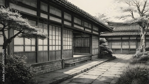 Traditional Japanese Garden with Wooden Buildings and Stone Pathway in Black and White
