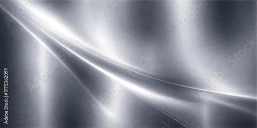 Polished silver metal plate with a brushed stainless steel texture and abstract blue light reflections on a shiny industrial aluminum surface backdrop