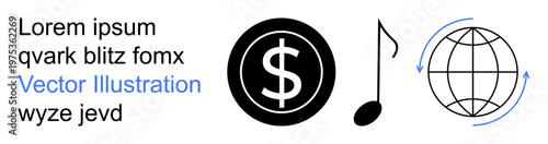 Global commerce, music industry, financial growth, worldwide connection, digital media, global economy. Dollar symbol, music note and globe. Global commerce and music industry concepts