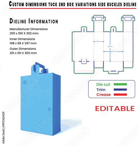 Custom dimensions tuck end box variations side buckles dieline , Custom Tuck End Box Dieline with Dimensions and Color Key box template packaging design.