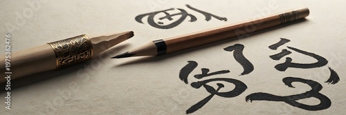Traditional Calligraphy Brush and Ink Writing Chinese Characters on Paper