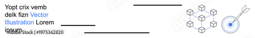 Technology, data security, blockchain, decentralization, precision, digital identity. Structured blockchain network next to a target with an arrow. Blockchain and data security concept