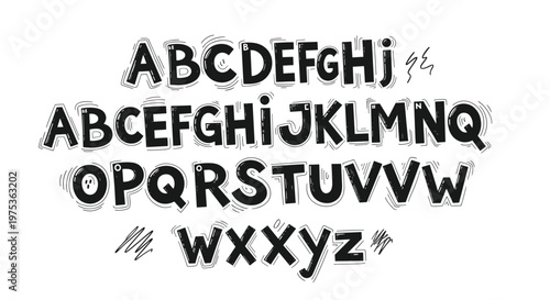 Complete set of uppercase letters from A to Z hand-drawn in a bold black marker style with decorative lines and scribble accents on white.