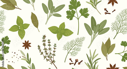 Seamless culinary herb pattern featuring realistic illustrations of basil, parsley, sage, rosemary, dill, thyme, and star anise on white.