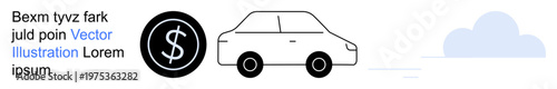 Auto financing, insurance, car sharing, financial services, transportation economy, automotive savings. A car next to a dollar icon with abstract design elements. Auto financing and insurance