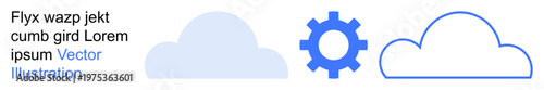 Cloud computing, service integration, data management, automation, workflow, technology platforms. Simplistic gear and cloud shapes in blue tones. Cloud computing and service integration