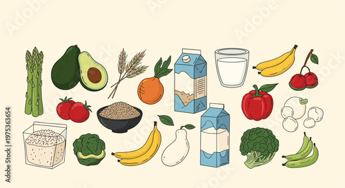 Large collection of healthy food illustrations including vegetables, fruits, cereal, milk, bread, and eggs on a light cream background.