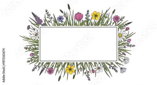 Rectangular frame surrounded by a lush border of colorful hand-drawn meadow wildflowers, grasses, and plants in various hues on white.
