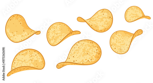 Several crispy thin golden potato chips with seasoning speckles floating and flying through the air on a plain white background.