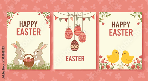 Set of three festive Easter greeting cards featuring cute rabbits with eggs, hanging decorated eggs, and two yellow chicks in a field.