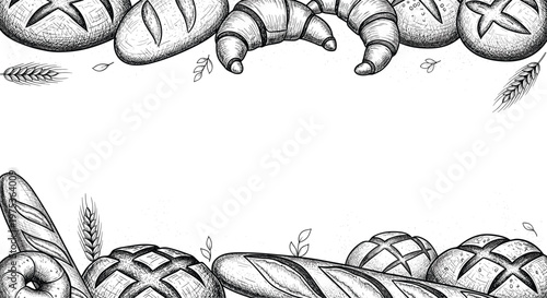 Horizontal border filled with detailed black and white sketches of various breads like baguettes, croissants, buns, and loaves with wheat stalks.