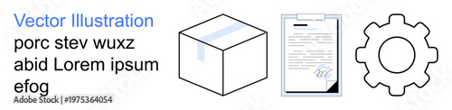 Logistics, supply chain, business operations, documentation, e-commerce, industry settings. Minimalist drawings of a box, document and gear. Logistics and supply chain