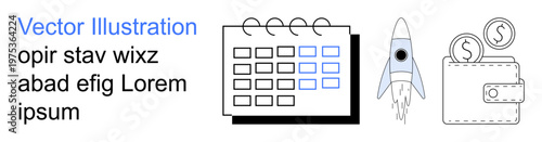 Business growth, financial success, time management, innovation, entrepreneurship, project planning. A calendar, rocket and wallet ion. Time management and financial success