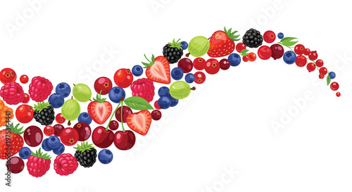 Colorful wave arrangement of various fresh berries including strawberries, raspberries, blueberries, blackberries, and currants on white.