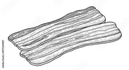 Detailed hand-drawn engraving of two delicious bacon slices showing meat and fat layers isolated on a plain white background.